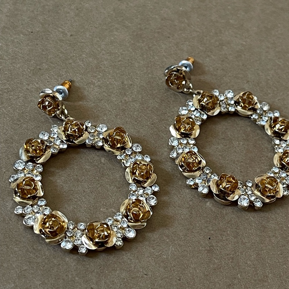 Gold Rose Rhinestone Hoops - Picture 2 of 6